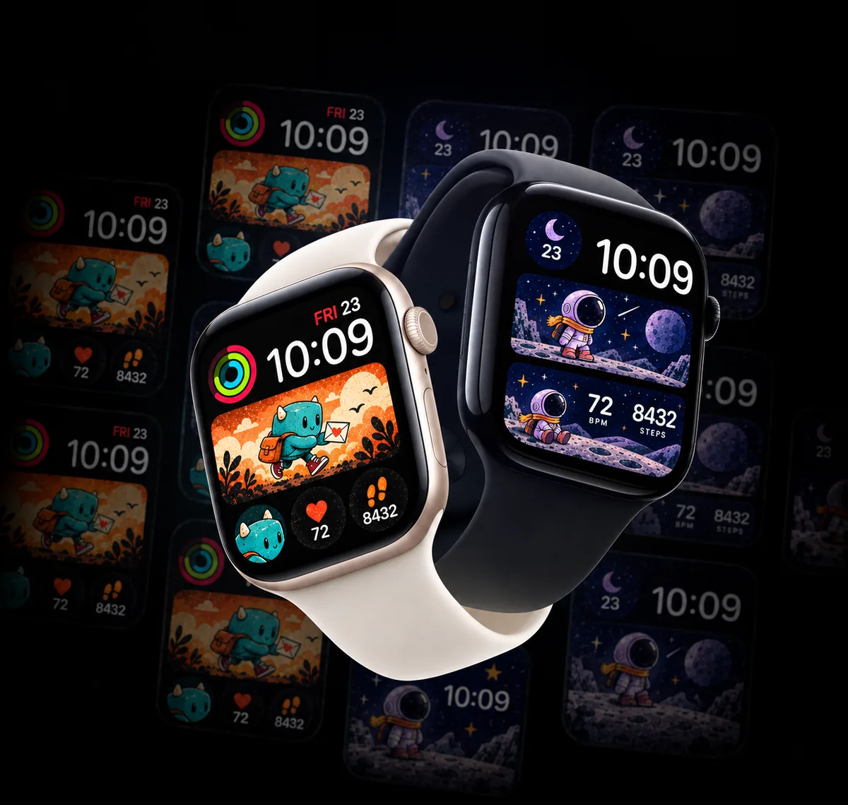 Two Apple Watch concepts featuring original Courier and Moonwalk characters