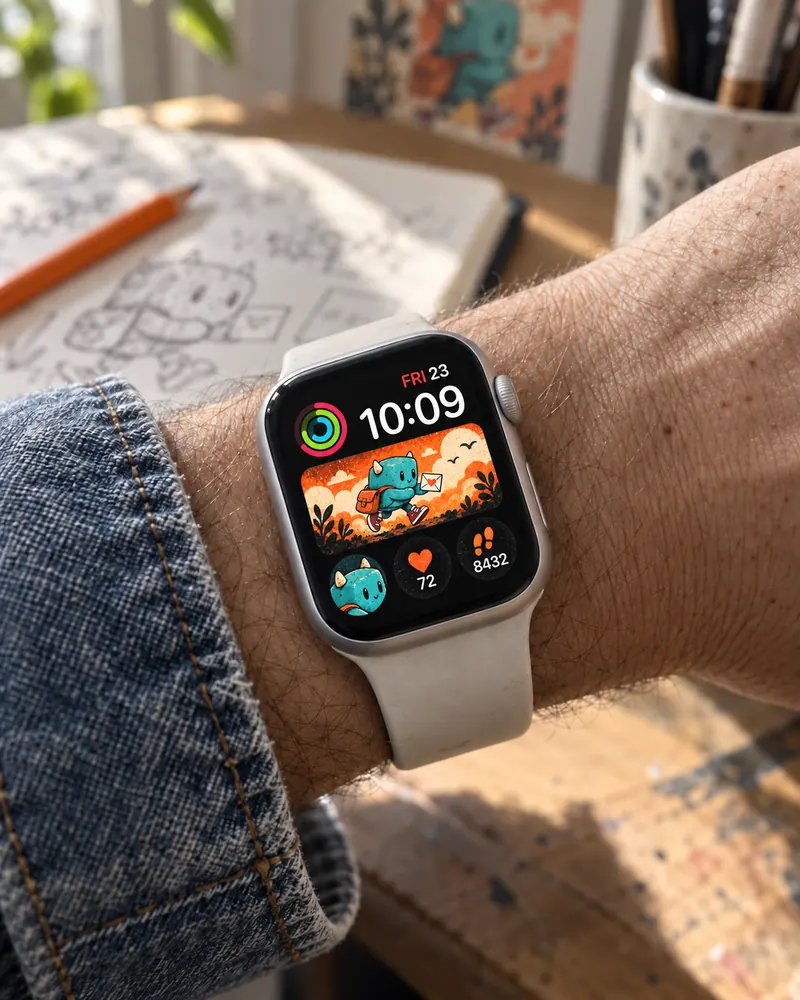 Original Courier character watch face on an Apple Watch worn at a design studio