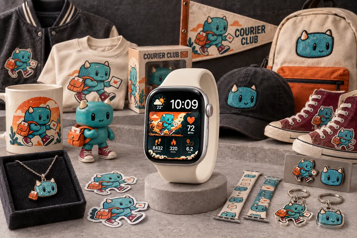 An original character collection across a T-shirt, mug, figurine, prints and Apple Watch
