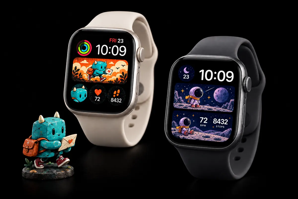 Original character designs displayed as watch faces, with time, heart rate and steps