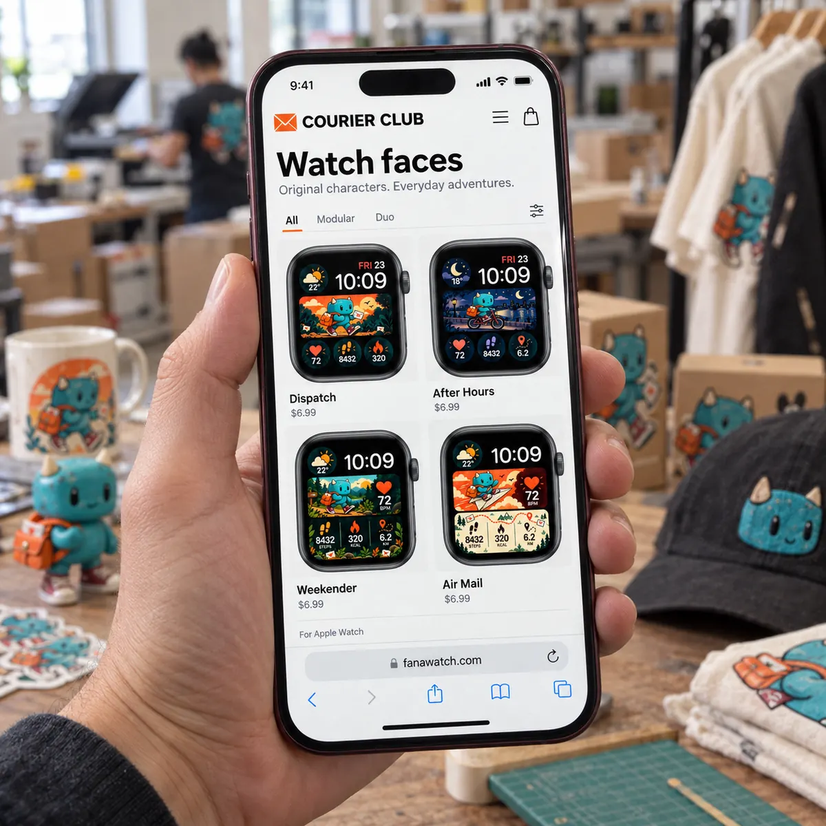 Illustrative branded iPhone store showing four original character watch face concepts